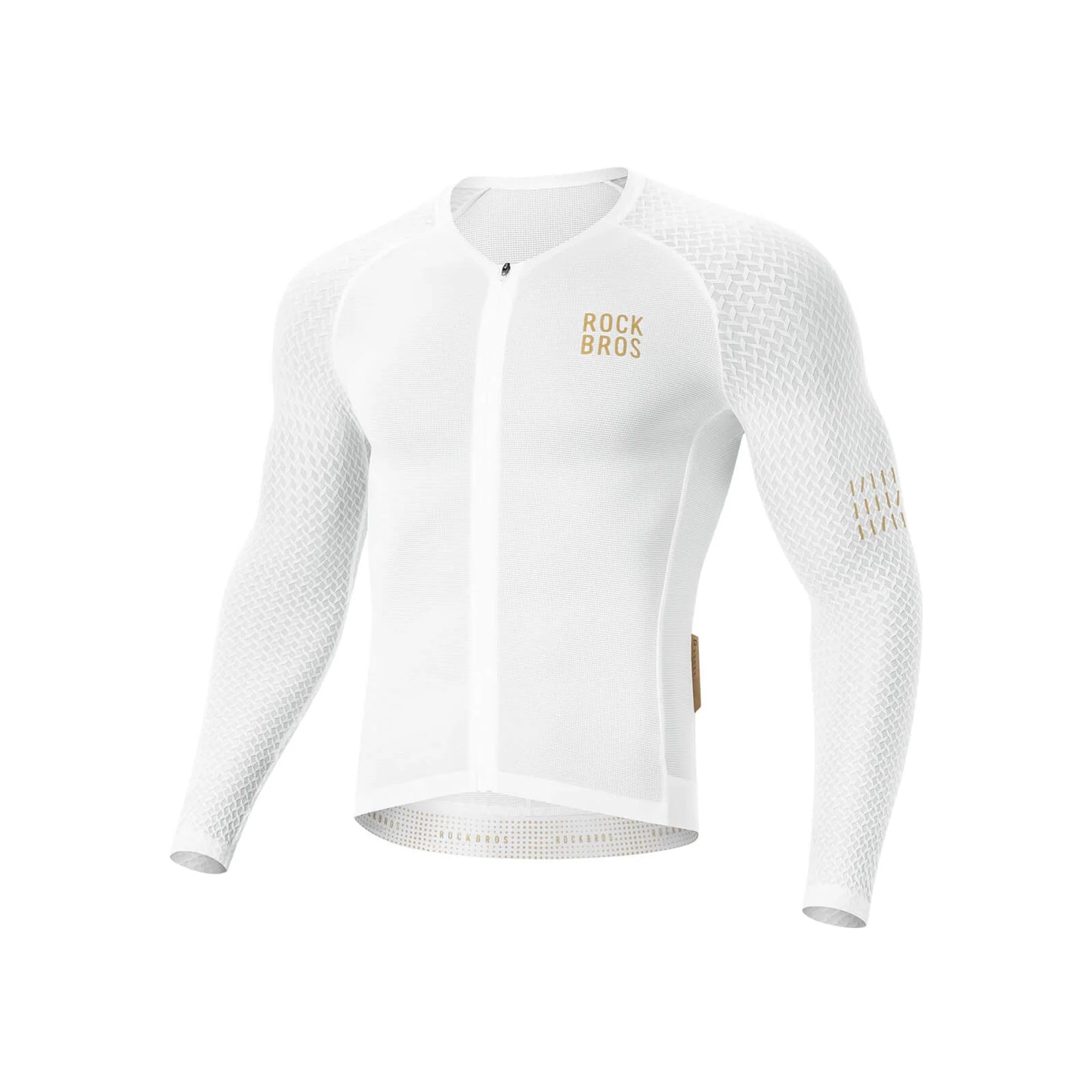 White cycling jersey with 'Rock Bros' branding on a white background