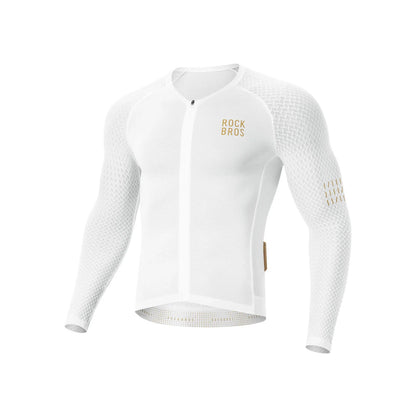 White cycling jersey with 'Rock Bros' branding on a white background